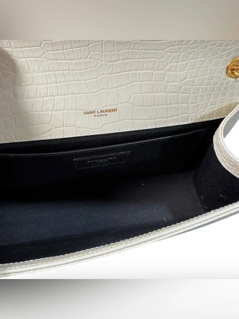 Saint Laurent Kate Tassel Medium Croc Embossed Leather Chain Shoulder Bag Cream